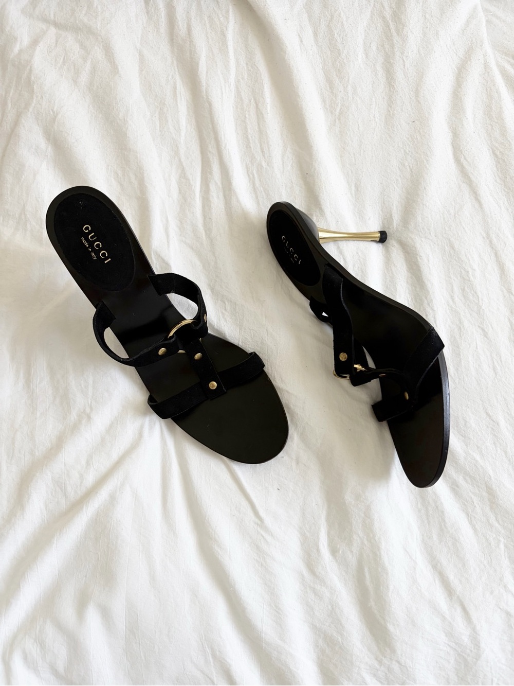 Gucci Black Suede Gold-Tone Heel Strappy Sandals